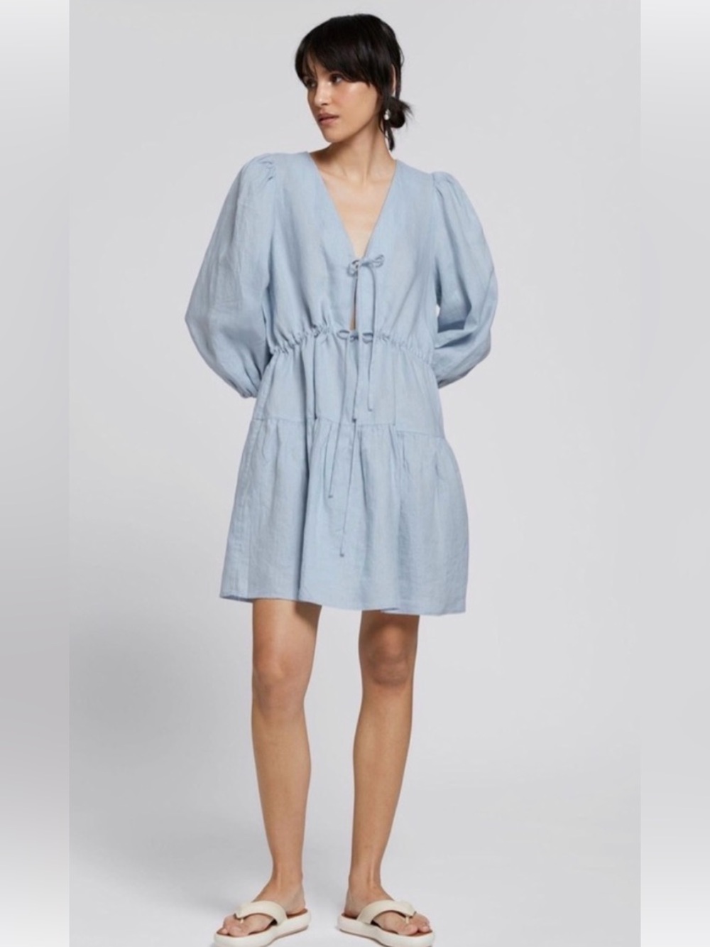 & Other Stories Pale Blue V-Neck Tiered Mini Dress